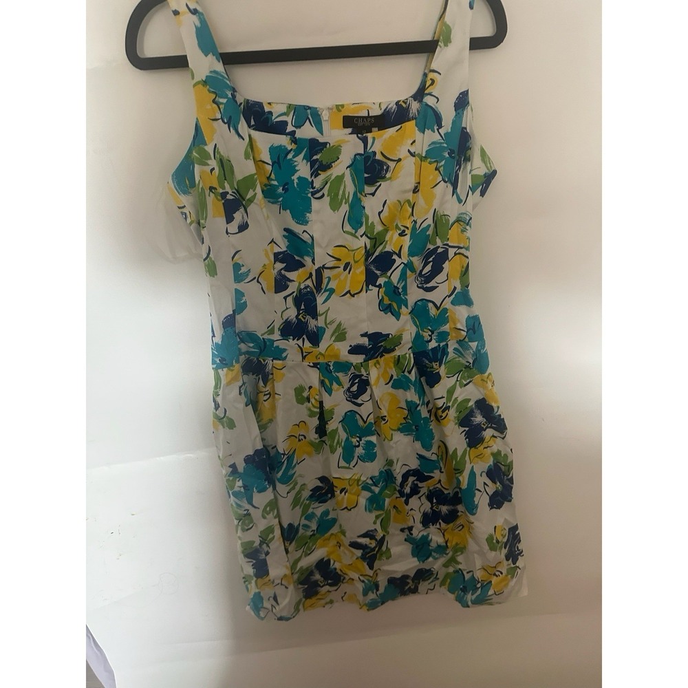 Chaps White Blue Yellow Floral Cotton Sleeveless‎ Dress 12 Preppy Cottagecore